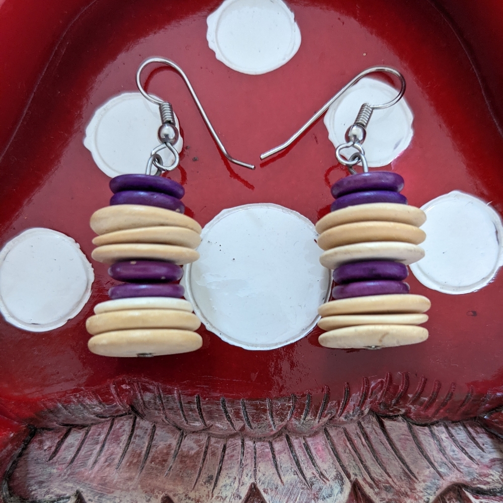 Vintage Handmade Y2K Artistic Purple and Neutral Cottagecore Dangly Earrings